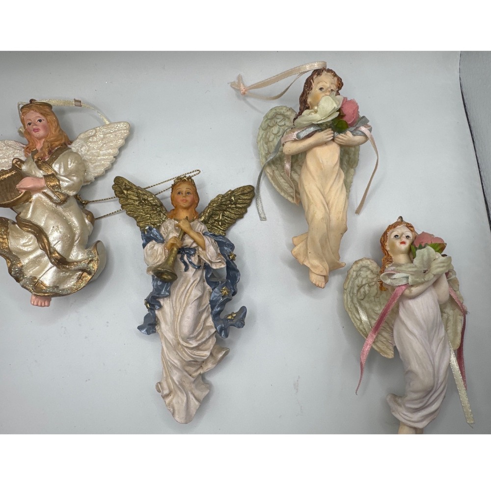 Vintage Style Angel Ornaments Set of 4 Resin Celestial Figures Gold Blue Cream